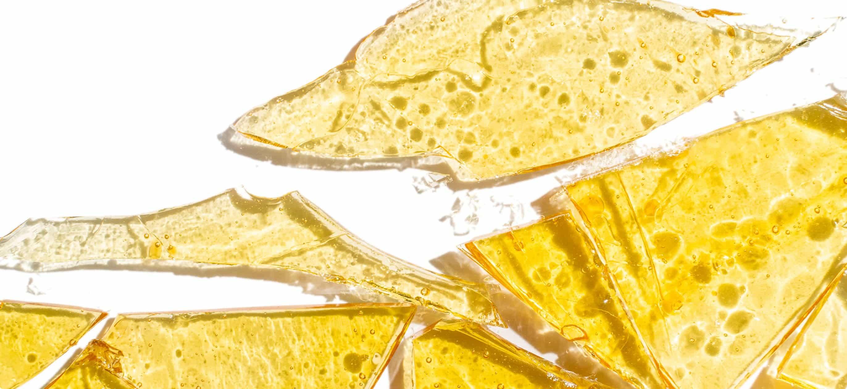 A close-up of large pieces of cannabis shatter on a white background